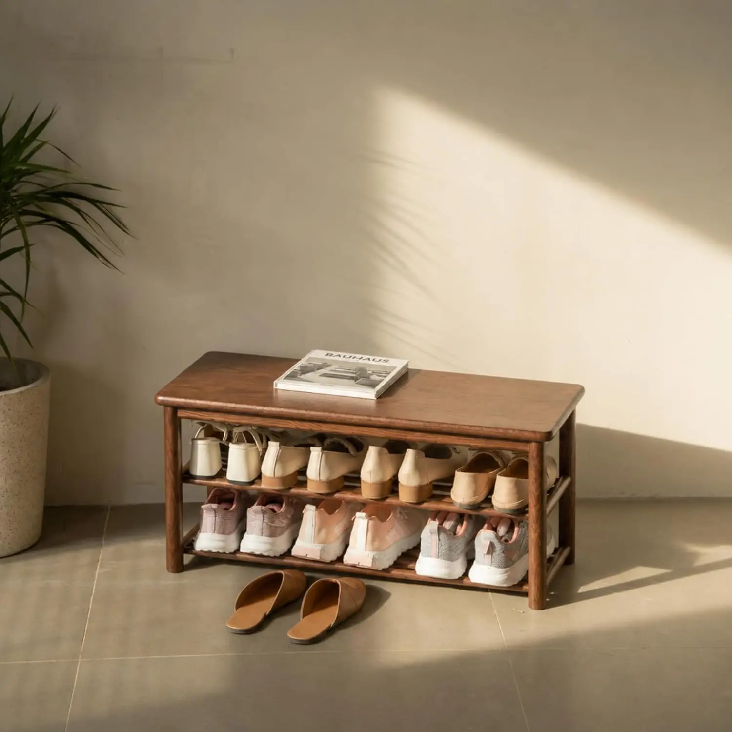 YESWOOD Solid Wood Shoe Bench Assembled, Double-Layer Shoe Bench for Entryway, Living Room, Bedroom, Hallway, 23.62" x 11.81" x 16.53"