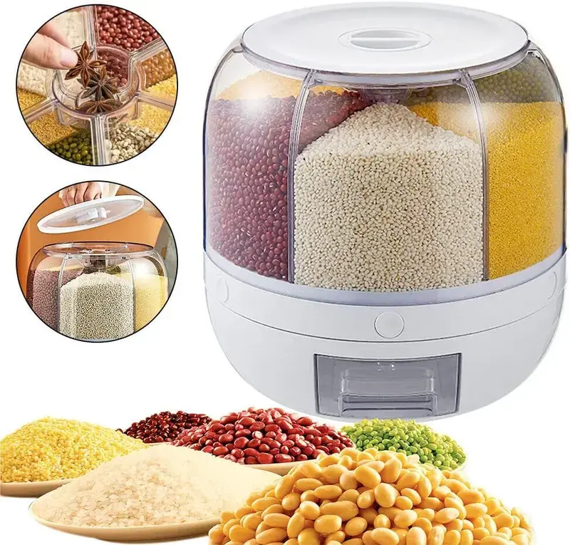 6-Grid Round Airtight Leak-Proof Rice Dispenser, 360° Rotating Food Storage Grain Storage Jar, 1-Click Output 10.6x10.6in Kitchen Preserving Container for Small Grains, Beans, Six