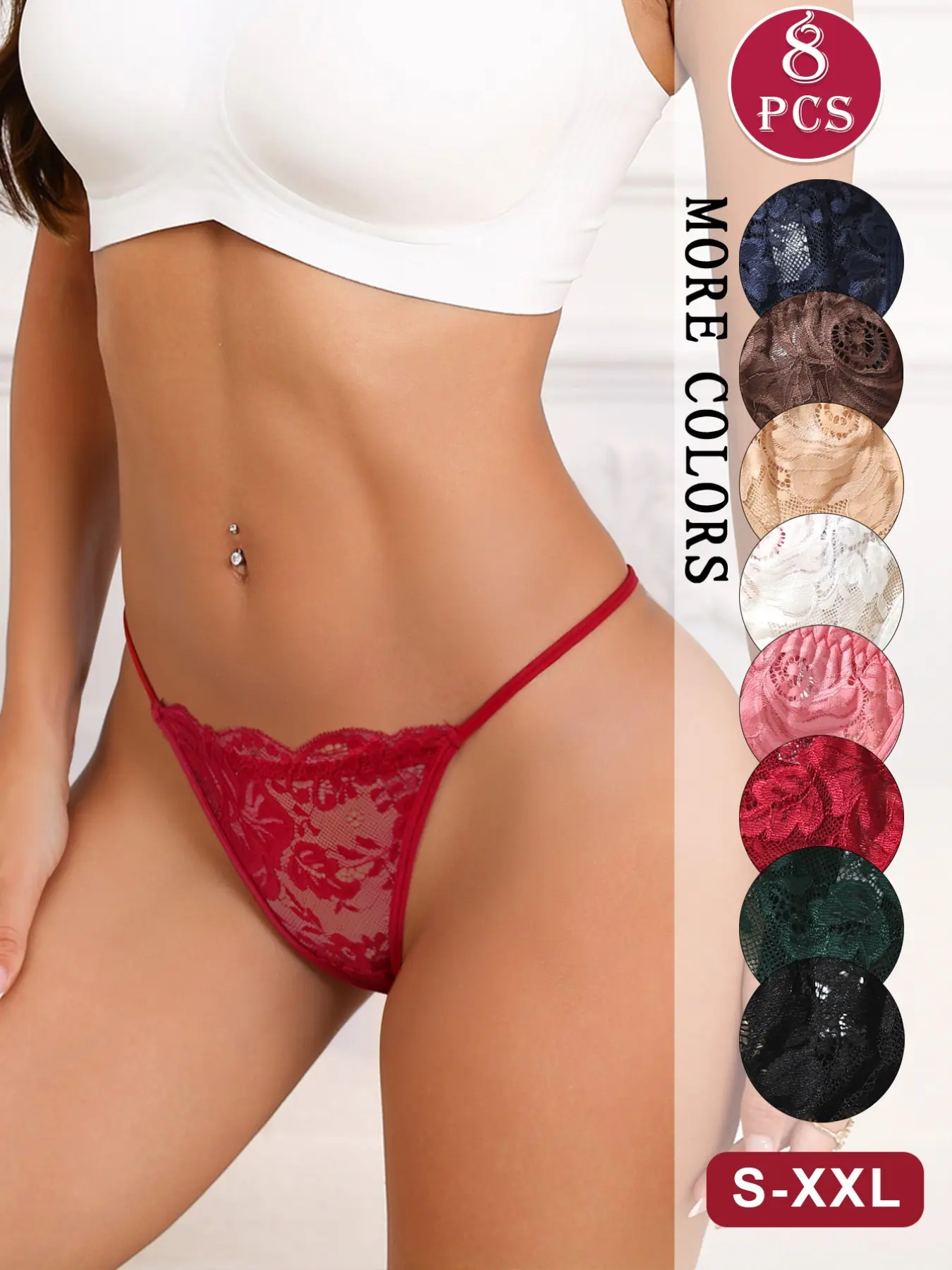 HOTCOM 4/8-Pack Women's Lace Thong Underwear, Full Lace Design, Comfortable Liner, Bow Decoration, Sexy, Attractive and Elegant, Sizes M-2xl, Spring New Arrival