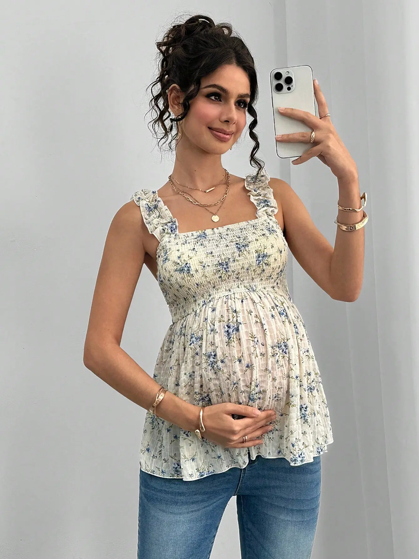 Maternity Frill Trim Wide Strap Front & Back Gathered A-Line Sleeveless Camisole