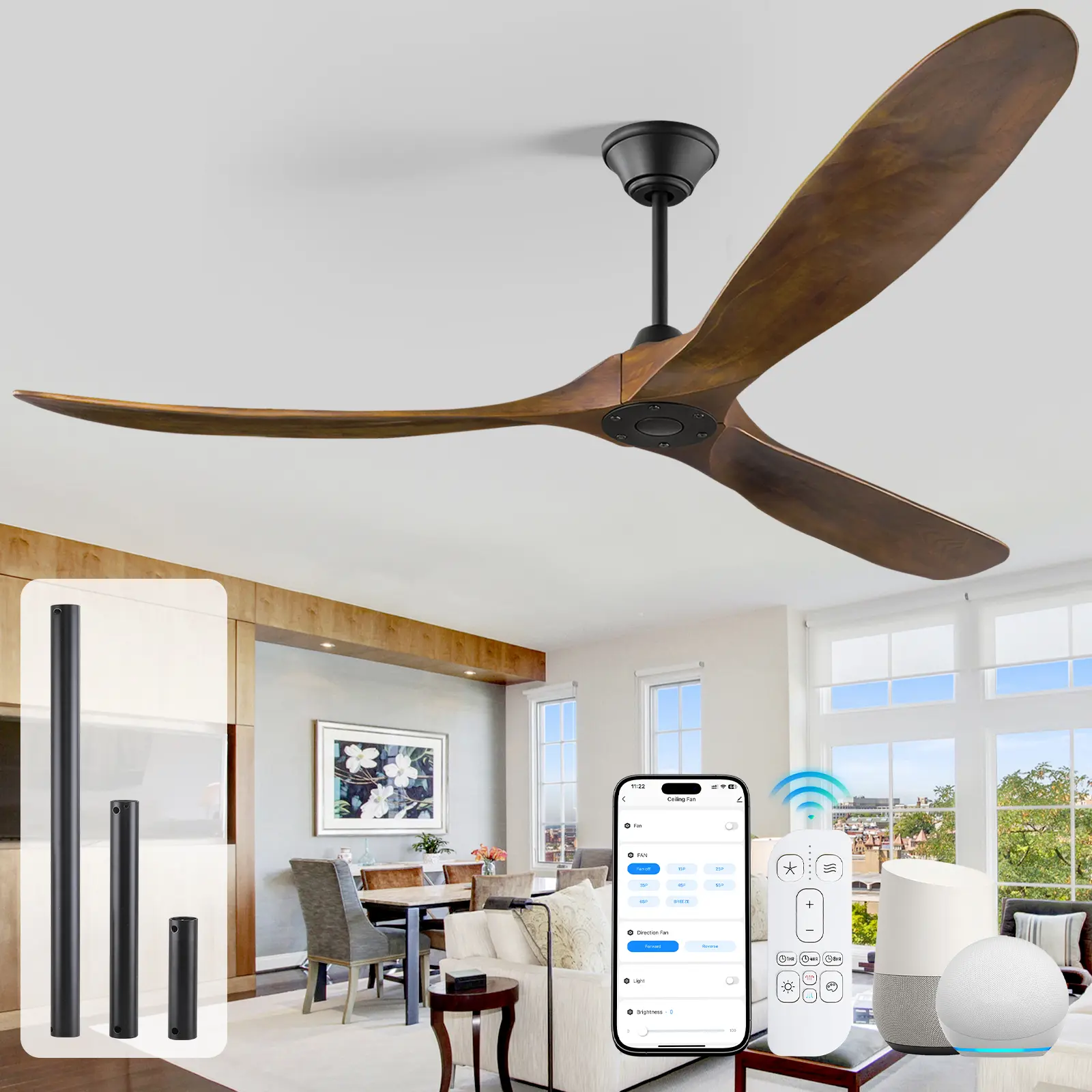 Rustic Look Farmhouse Ceiling Fan with Remote 6 Speeds, 52/60/70-in Multi-Size, 3 Wood Blades, Energy Efficient Quiet Reversible Flow DC Motor, ETL & FCC Certified, 20° Sloped Ceiling Compatible, Alexa & App Ready for Covered Patio, Sunroom
