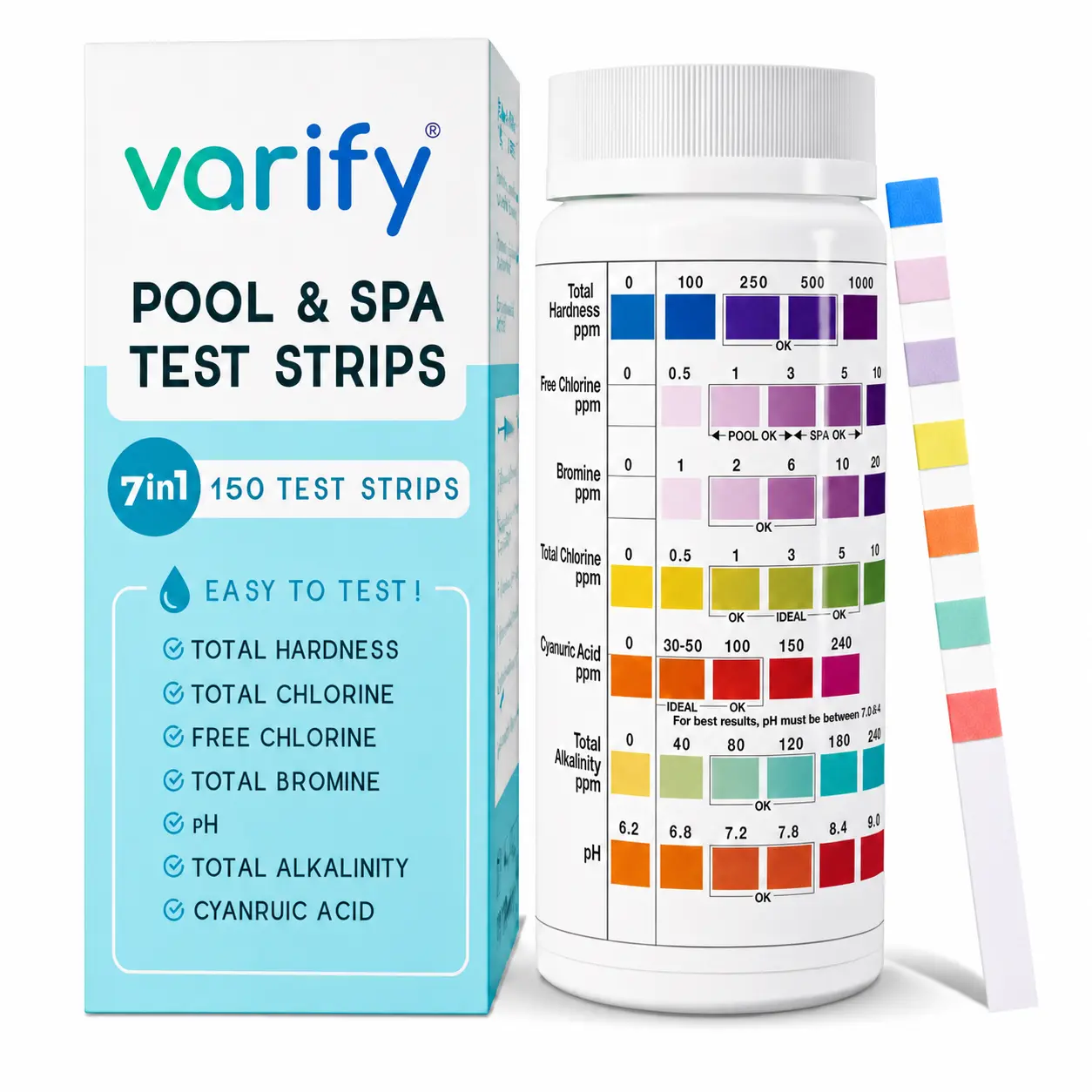 VARIFY 7-in-1 Pool & Spa Test Strips - Pool Maintenance Kit with 7 Essential Parameters, Under 30s Results, Ph+Alk Check for Water Hardness, Chlorine, Bromine, Cyanuric Acid (150 Strips)