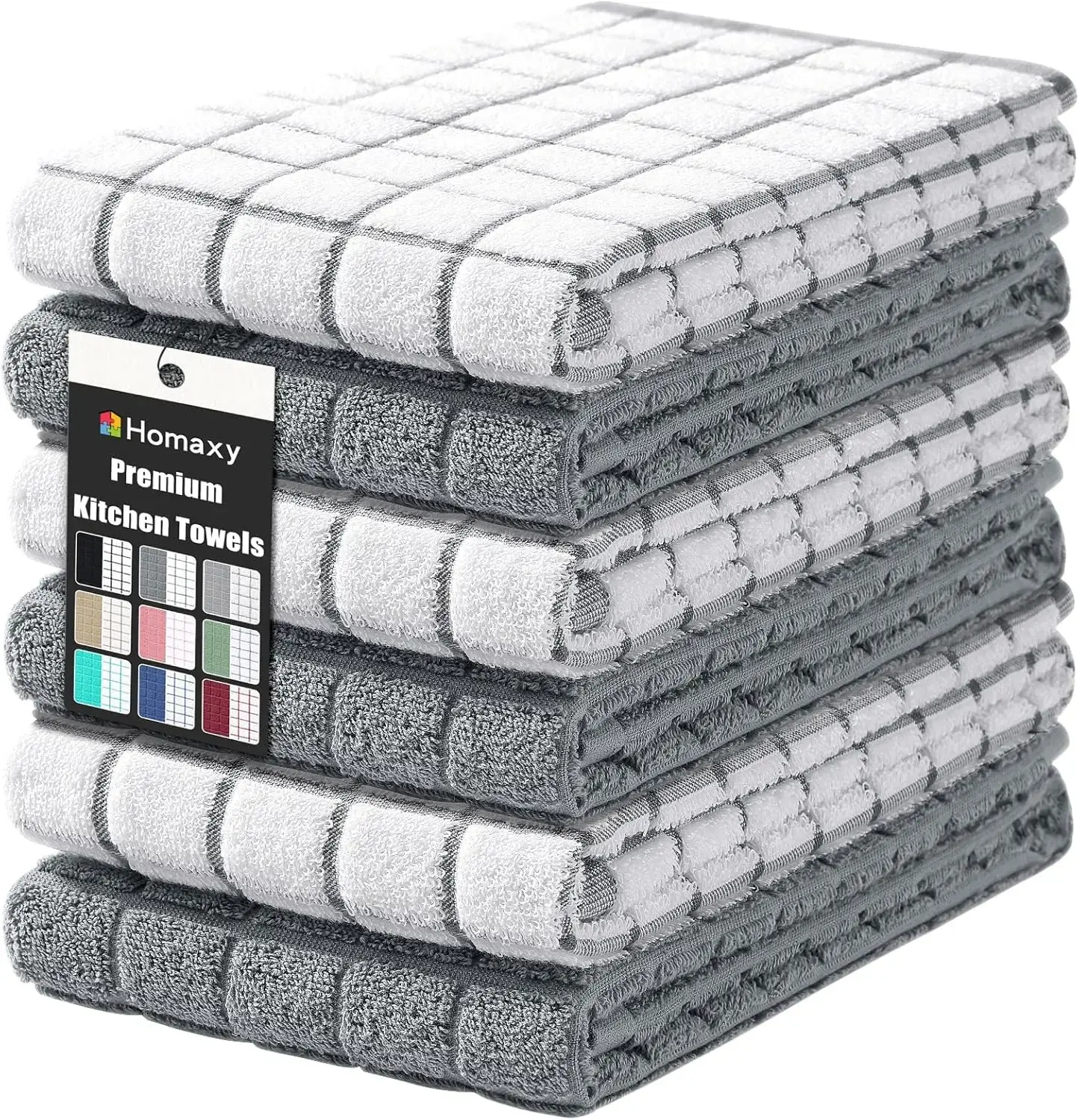 Homaxy Premium Cotton 16"x28" Large 390 GSM Ring-Spun Natural Terry Cloths, Super Absorbent Soft Hanging Loop Option, Grey Check Design for Dishes & Hands, 6-Pack