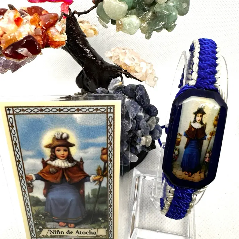 Handcrafted Beaded Bracelet with Niño de Atocha Image - Blue