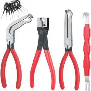 This 4-piece automotive electrical disconnect pliers set includes an 8-piece terminal removal tool set, connector disconnect tool, connector splitter, and hose clamp, suitable for vehicle maintenance and automotive repair, for precision disconnection.