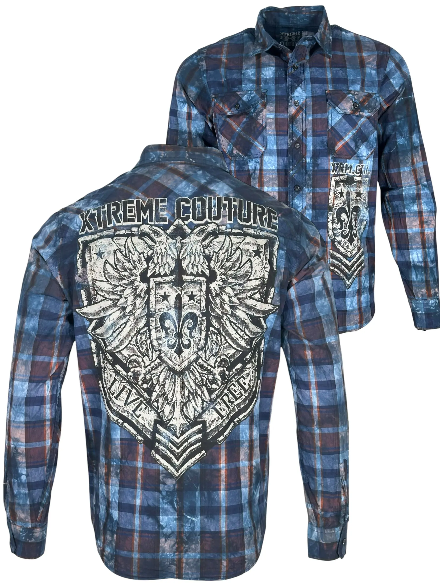 Xtreme Couture by Affliction Men's Collared Neck Bold Eagle Long Sleeve Button-Down Shirt - 100% Cotton Casual Graphic Top, USA-Designed, Front & Back Cross Prints, Check Sizing Chart