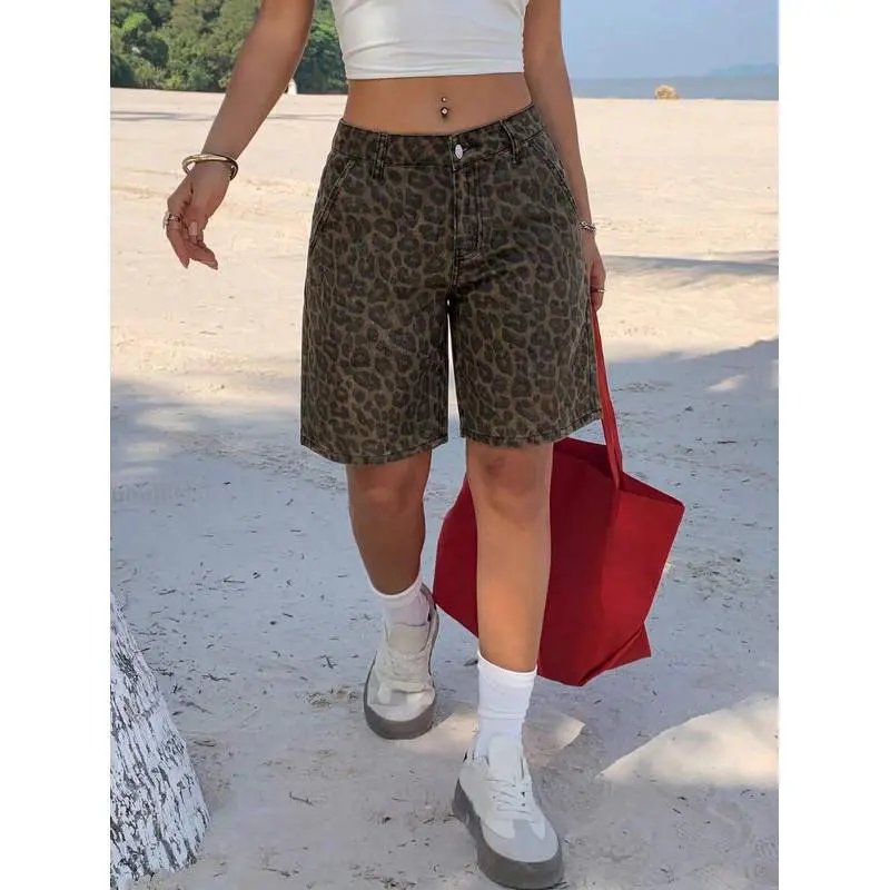 Women's Leopard Print Slant Pocket Casual Wide Leg Denim Bottoms - Zipper-Closure, Button-Accent, Comfortable Fabric, Flattering Fit Jorts Bermuda Shorts