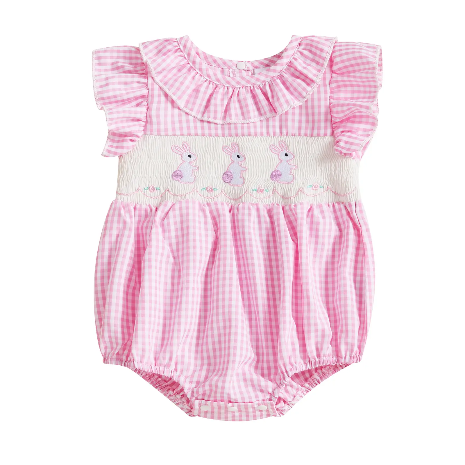 Newborn Baby Girl Smocked Bubble Romper Bunny Embroidery Peter Pan Collar Ruffle Sleeve Plaid Onesie Bodysuit Jumpsuit Summer  Outfit