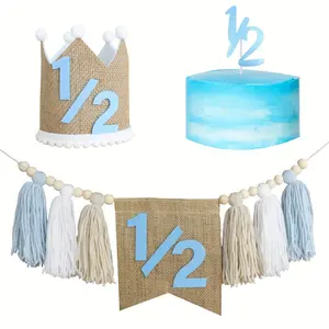 Boy's 1/2 Birthday Party Decoration (2 Counts/set), Tassel & Beaded Decor High Chair Banner & Crown Decor, Birthday Party Decoration