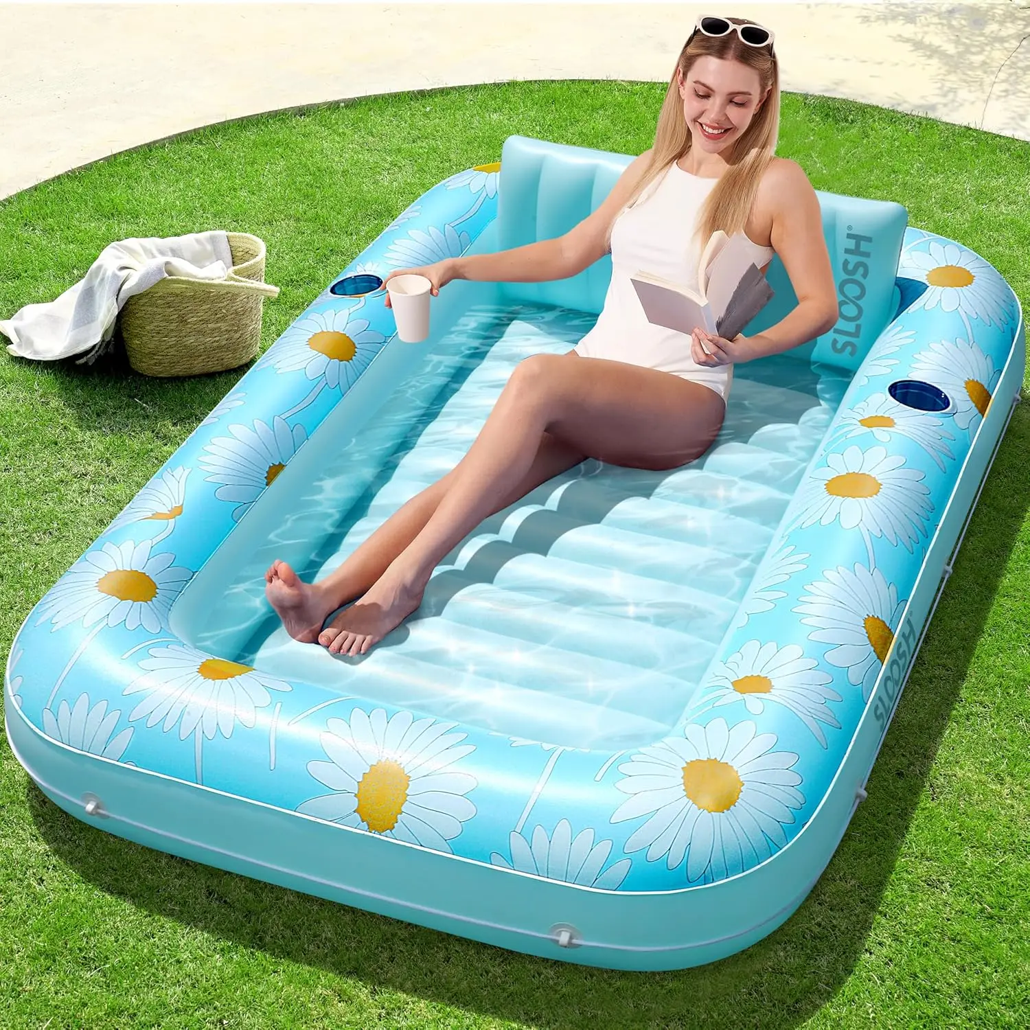 SLOOSH Inflatable Tanning Pool Lounger Float, 70" x 46" Pool Floats Adult with Pillow, 4 in 1 Suntan Tub Raft Floatie,Sunbathing Bed Lounge for Water Blow Up Ball Pit Party Gifts / Electric Air Pump  DealsForYouDays