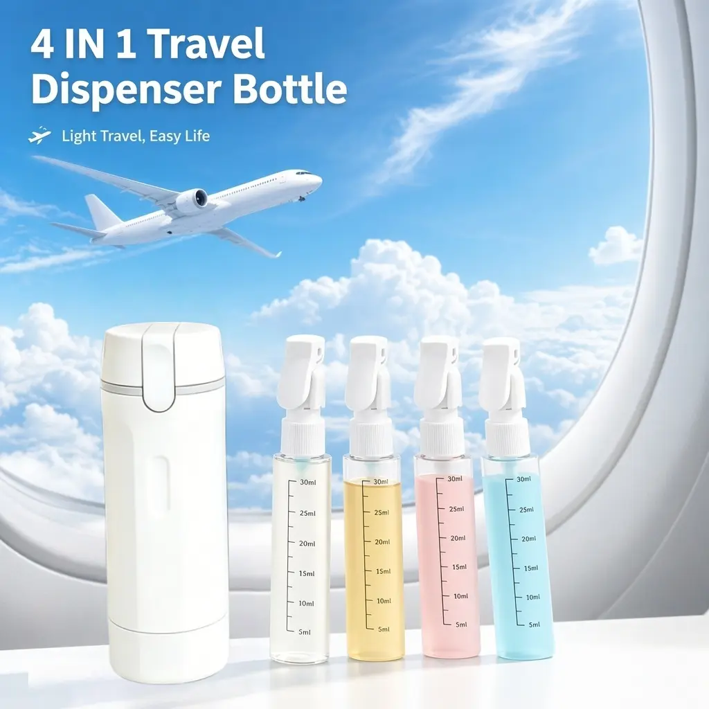 4-in-1 Plastic Rectangle Mini Cosmetic Storage Dispenser Bottle - Leak-Proof Refillable Silicone Squeeze Container with Lock, Compact Lightweight Toiletry Organizer for Travel Stuff, Mini Travel Products