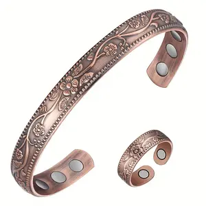 1 Set Magentic Copper Bracelet and Ring, Vintage Flower Copper Cuff Bracelet with Magnets, Adjustable Width, Valentine's Day Gift