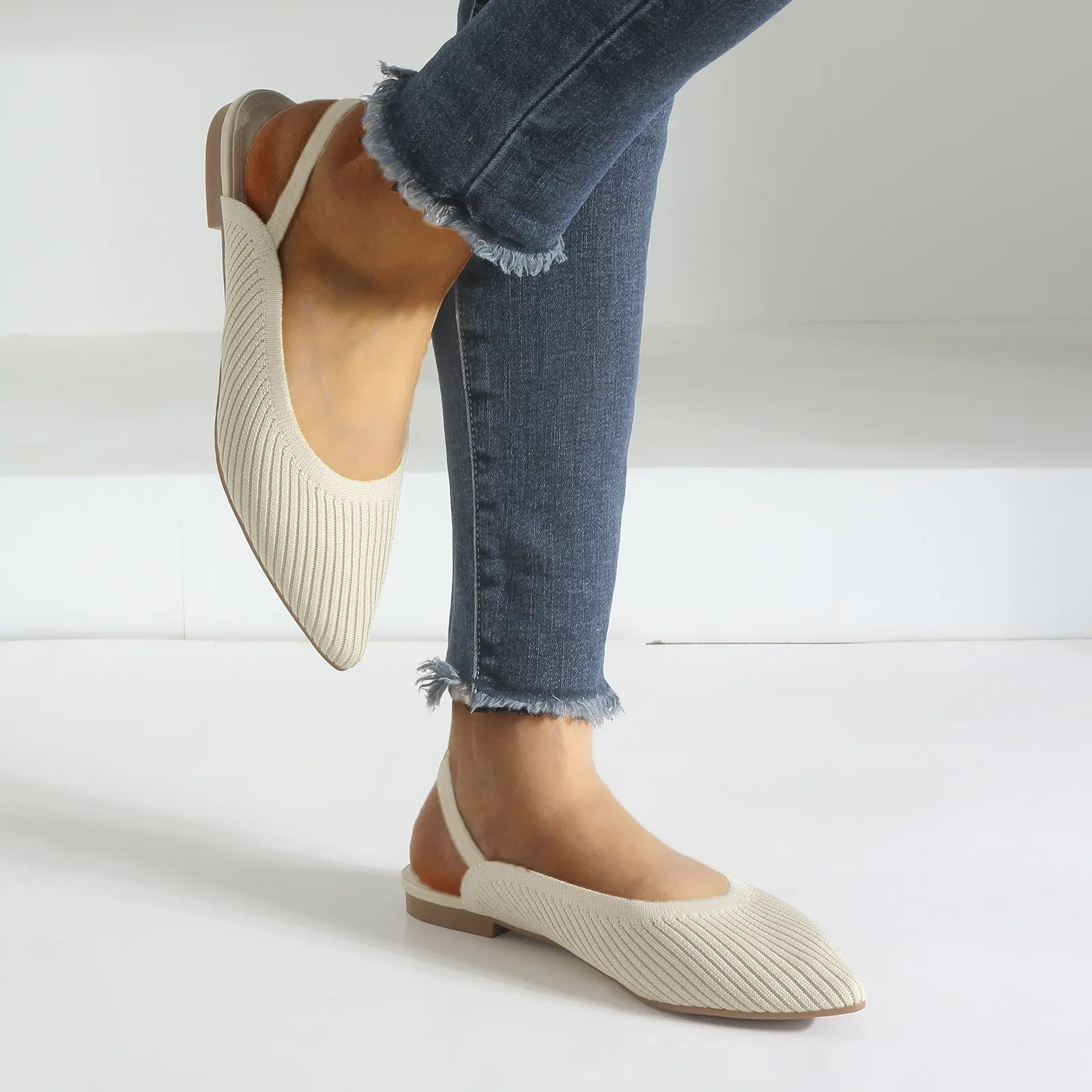 MUSSHOE Women's Pointed Toe Knit Breathable Ankle Slingback Flats - Elastic Back Strap Slip-On Mules, Footwear for Work Office, Perfect Gift Shoes for Women, Walking Shoes, Casual Flat Sandals, Women's Shoes