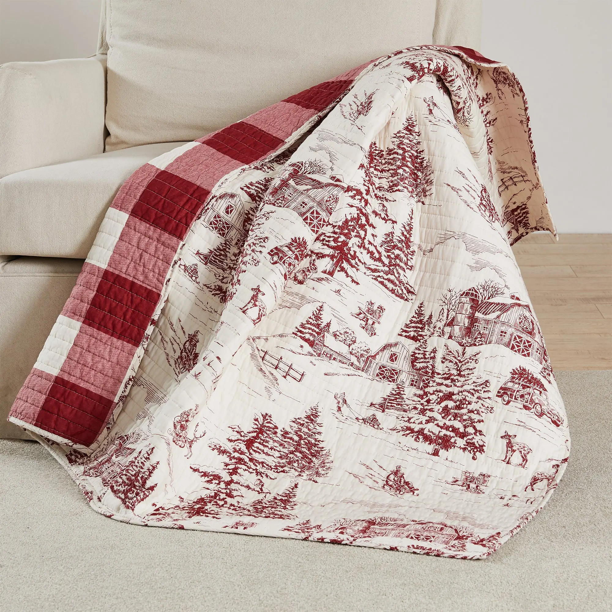 Quilted Fabric Throw Blanket - 50x60in Soft Vintage Plaid Winter Village Christmas Cotton Blend, Machine-Washable Sleigh Ride Themed Textured Bedding Throws, Feel Cosy Holiday Furnishing