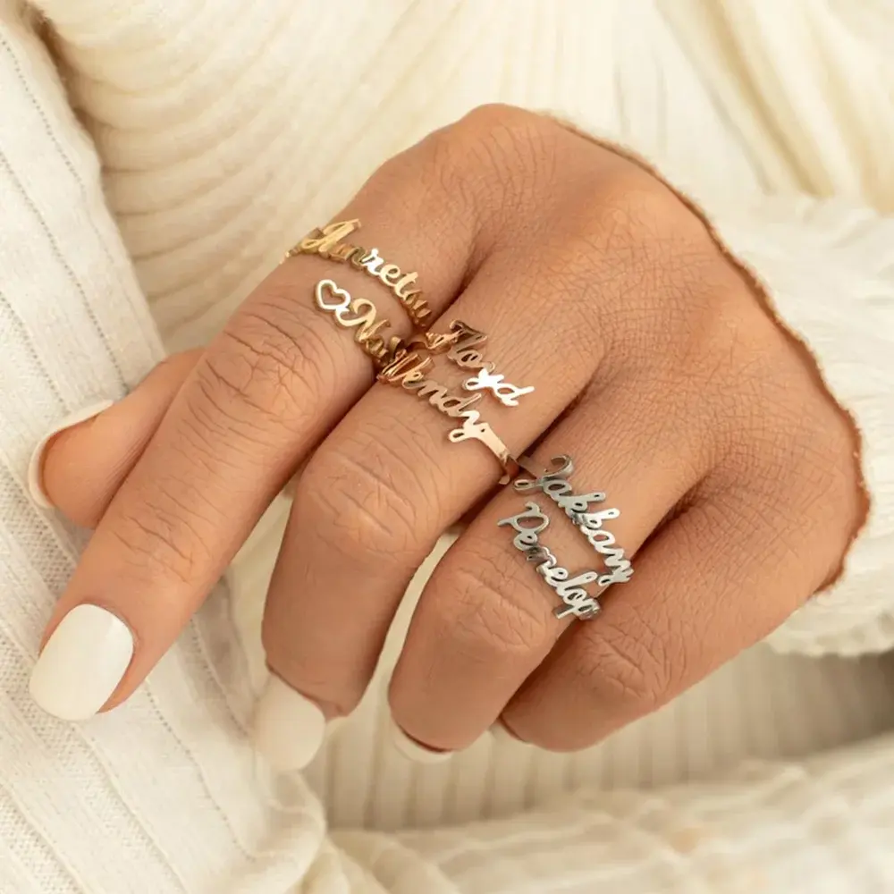 Custom Couple Double Name Rings Personalized Men Fashion Adjustable Ring Stainless Steel Jewelry for Women Valentine's Day Gifts