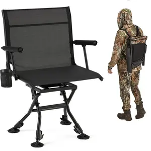 [Aecojoy Hunting Season] Hunting Chair with Detachable Cover, 360° Silent Swivel, Adjustable Height, Mesh Back, Folding Ground Seat, Armrests, Telescopic Legs, Duck Feet, 330 lb Capacity Magnetic Rangefinder Strap Carbon