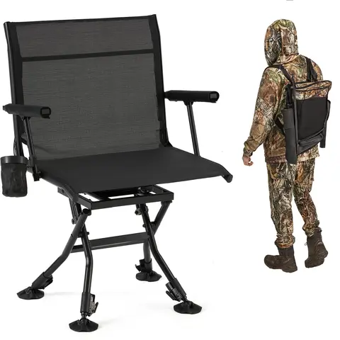 [Aecojoy Hunting Season] Hunting Chair with Detachable Cover, 360° Silent Swivel, Adjustable Height, Mesh Back, Folding Ground Seat, Armrests, Telescopic Legs, Duck Feet, 330 lb Capacity Magnetic Rangefinder Strap Carbon