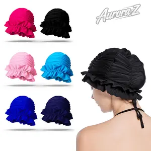 Ruffled Swimming Cap For Women Girls Long Hair, Ear Protection High Stretch Retro Swim Hat, Non Waterproof Comfortable Swimming Cap For Pool Shower Beach Daily Use
