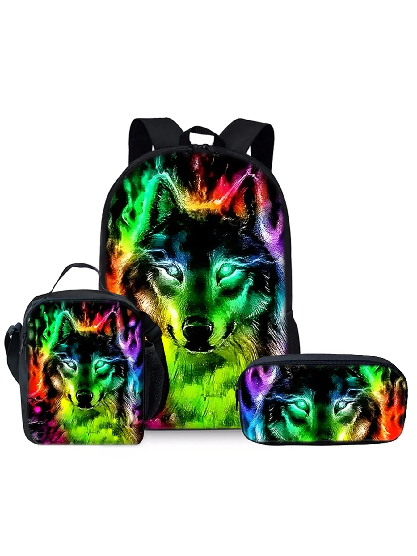 Wolf pattern printed 17-inch three-piece set Casual printed backpack (single-layer backpack + shoulder strap lunch bag + single-layer pencil bag)