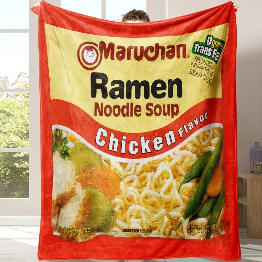 Maruchan Chicken Flavor Ramen Chicken Print Blanket - Fun Noodle Soup Package Design, Soft Cozy Throw for Foodies, King Size 1000 Thread Count Sheet Set with Pink Satin Ruffle Bedding, Chicken Print Blankets