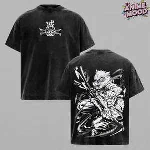 "Beast Breathing" Inosuke T-Shirt x Demon Slayer Anime Graphic Tee Streetwear Oversized Acid Wash Lightweight Cotton Men Shirts – Infinity Castle Arc Manga Merch Gift for Anime Fans