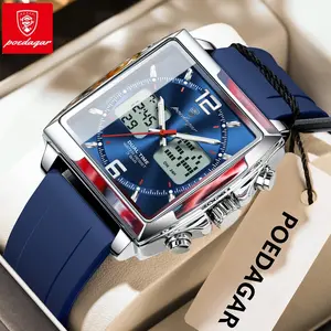 POEDAGAR practical high-end men's watch electronic square LED alarm clock men's watch week date dual time display men's quartz clock