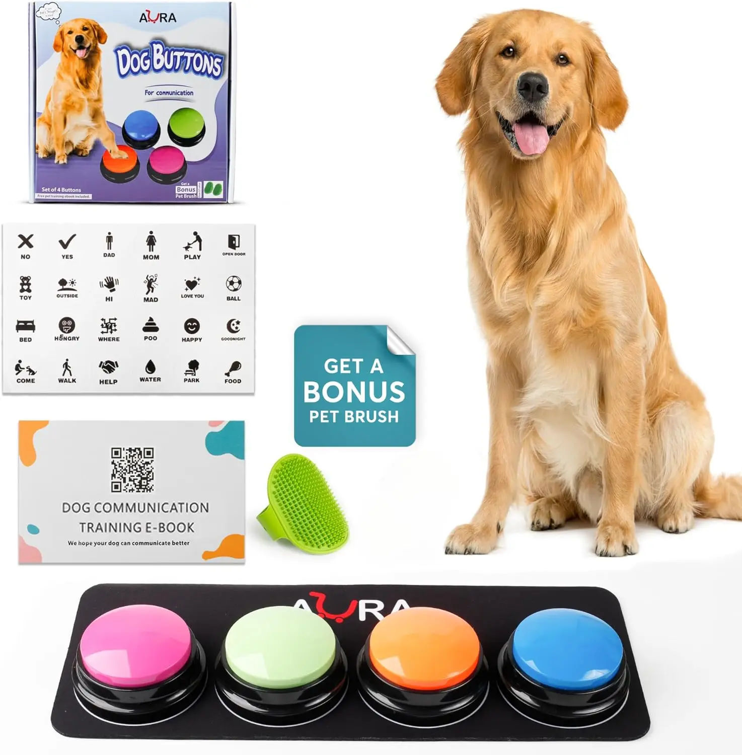 A-URA Dog Buttons for Communication with Mat, HD Sound Quality Dog Talking Button Set – Non-Slip Back Mat, Dog Buttons Talk for Training, Pet Talking Buttons for Dog (Pack of 4)