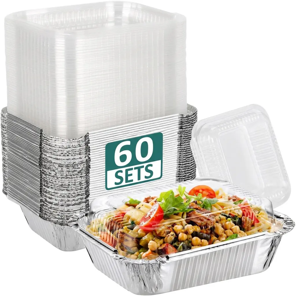 60-Pack Disposable Aluminum Foil Baking Pans with Transparent Lids - Mini Cookware Set for Oven Baking, BBQ Grilling, Home Kitchen Use