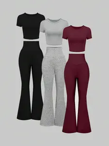 Unity 3pcs Set Round Neck Short Sleeve Crop Top And Adjustable Waist Flared Fleece Pants, Casual