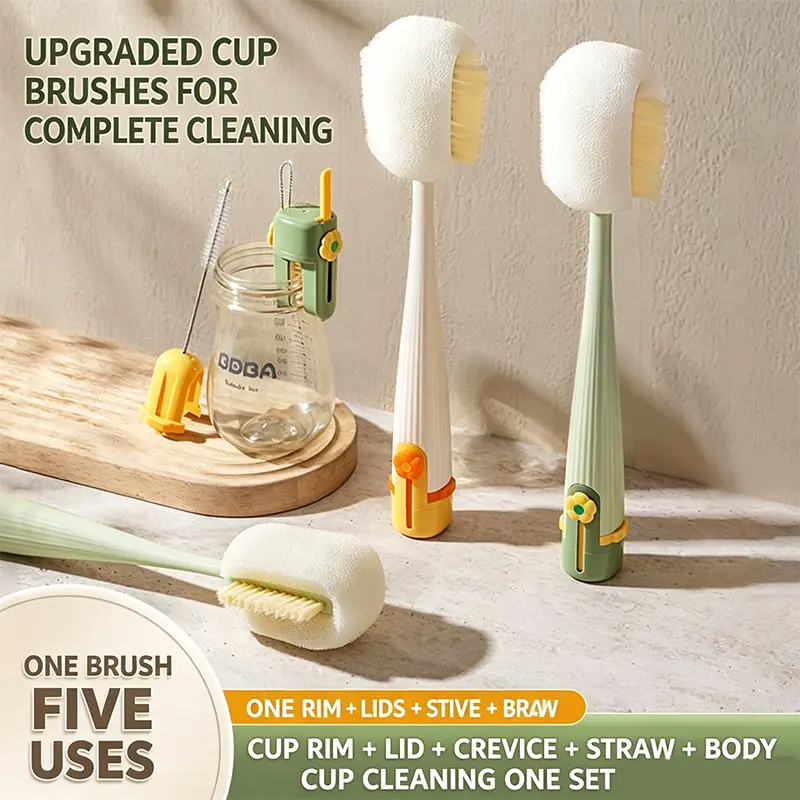 5-in-1 Multifunctional Cup Cleaning Brush, Sponge Bottle Brush with Straw Cleaner All-in-One Cup Brush Set for Tumblers, Lids, Straws & Water Bottles