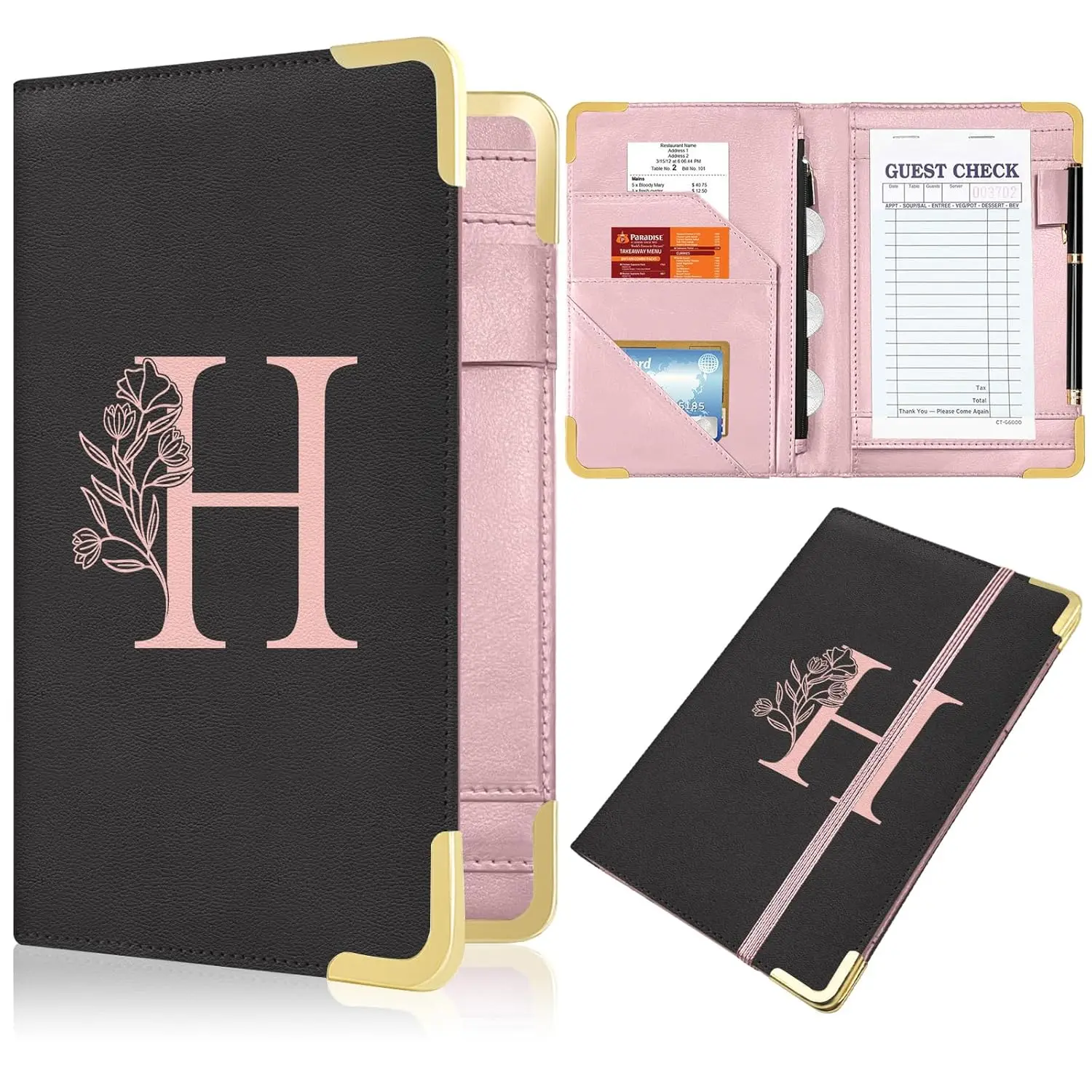 Server Book, Alphabet Waitress Book for Waitress, Leather Waitess Book with Zipper Pocket, Server Manual Checkbook Fits Server Apron (H)