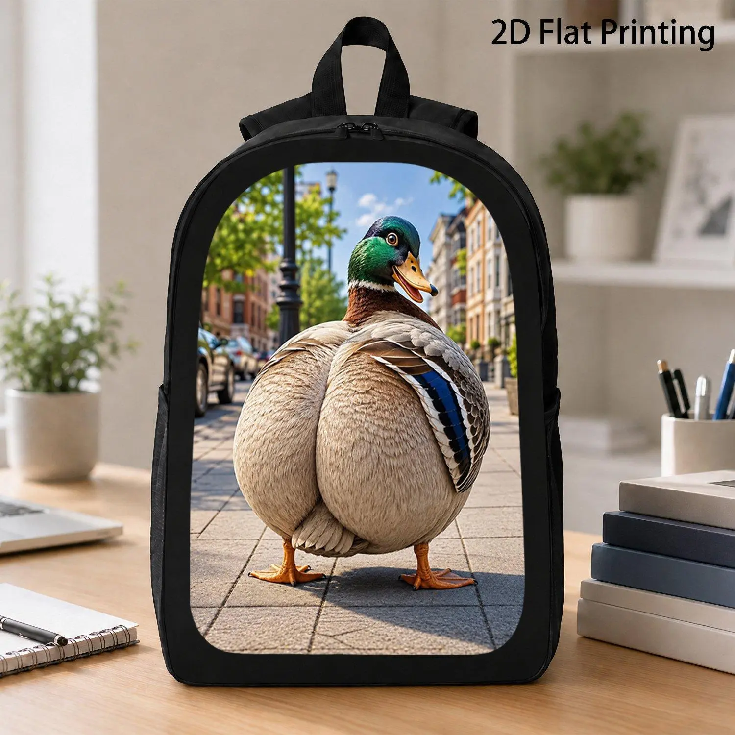 17 Inch Backpack Lightweight School Travel Bag Featuring Vivid Chubby Mallard Duck Back View Print Viral Bird Graphic Laptop Rucksack Perfect Gift For Duck Lovers