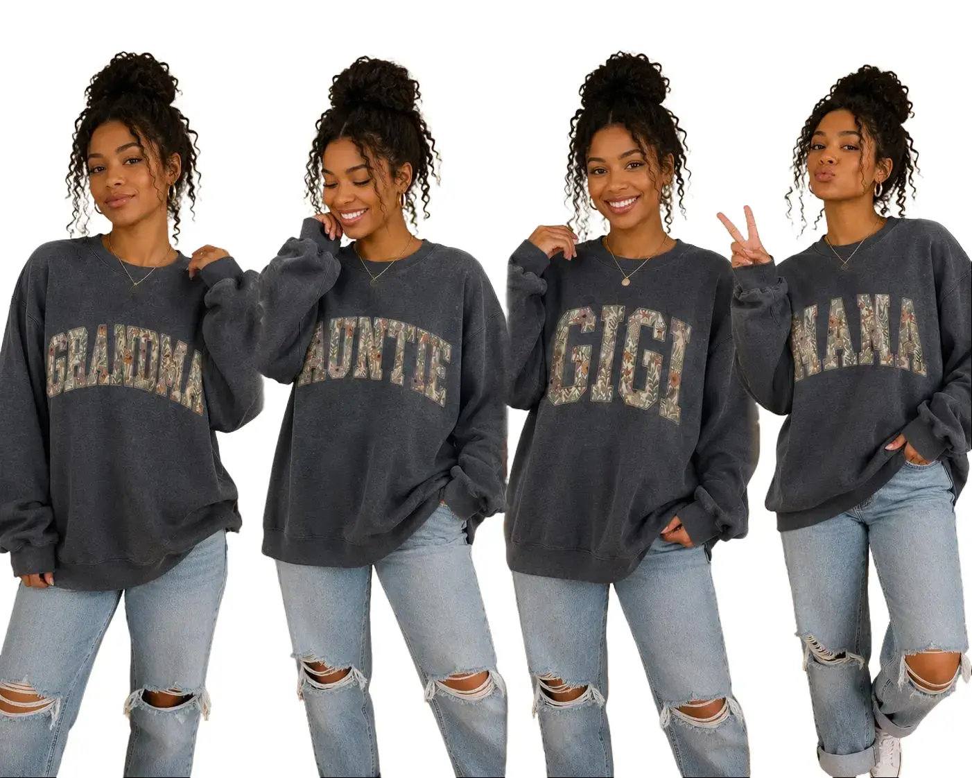 Grandma Gigi Nana Mimi Mama Auntie Floral Sweatshirt, Vintage Botanical Family Matching Shirt, Mother’s Day Gift for Mom Grandma Nana Gigi Mimi Auntie, Floral Letter Graphic Crewneck-DarkFlex