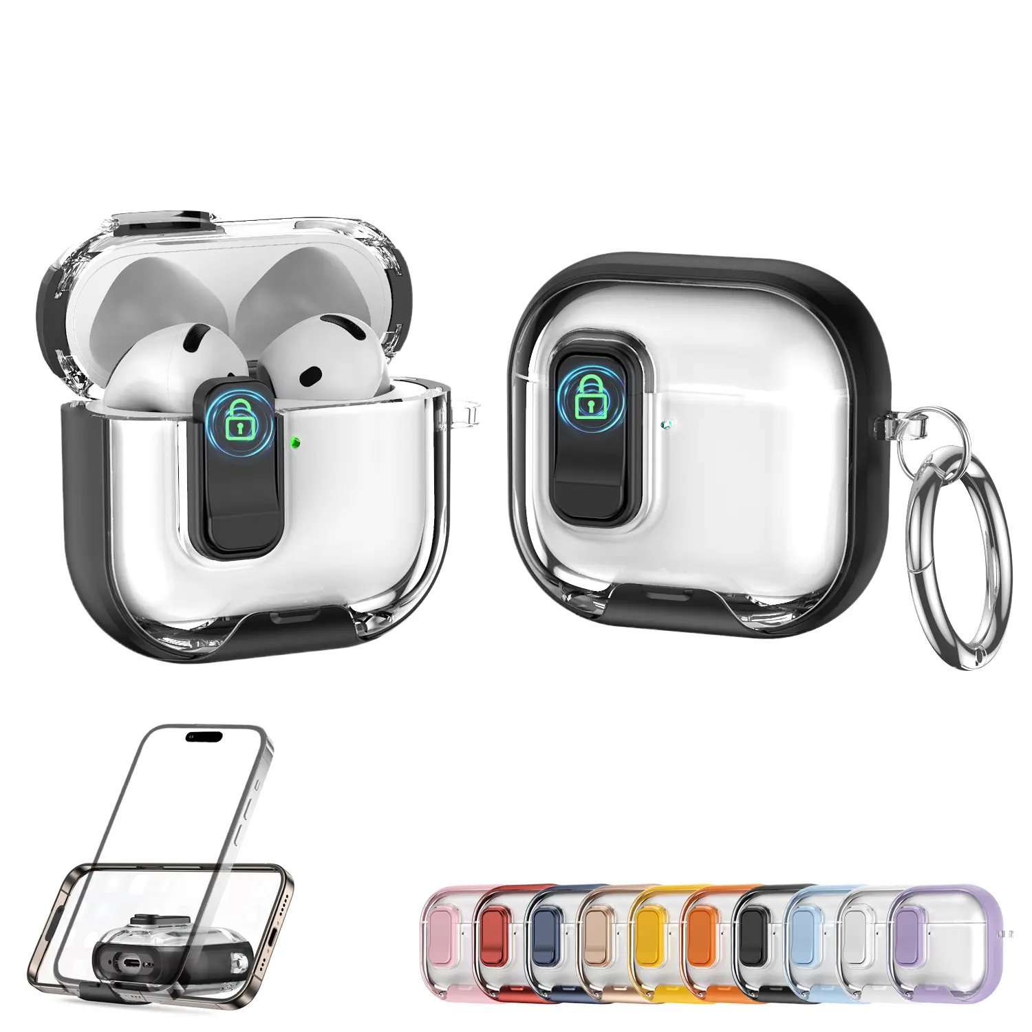 Clear Anti-Yellow Shockproof Protective Case for AirPods 4/3 & AirPods Pro/Pro2, with Secure Lock Kickstand, Wireless Charging Compatible, Anti-Lost Keychain Ring Earbud Cover