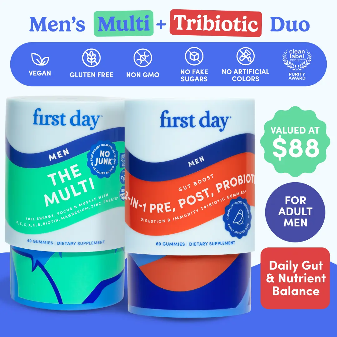 First Day Men's 2-Pack Dietary Supplement Bundle - Chewable Organic Multivitamin + Tribiotic Gummies, 30-Day Supply with Vitamins A,C,D3,B12,Folate,Zinc, 3-in-1 Pre/Pro/Postbiotics for Energy,Digestion,Immune,Bone Health