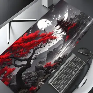 Red Maple Moonlit  Japanese Temple Art Large Gaming Mousepad, Stylish Desk Protector with Non-Slip Rubber, Multi-Size for Laptop & Desktop Use