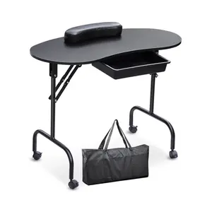 37-inch Nail Desk, Portable & Foldable Nail Table with Large Drawer, Manicure Table Workstation with Client Wrist Pad, Adjustable Wheels & Carrying Case for Nail Tech, Spa & Beauty Salon, Black