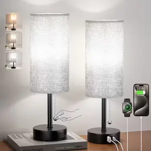 Nightstand Table Lamp with USB A + C Charging Port, 3 Color Temperatures Pull Chain, Side Table Desk Reading Lamp for Room Home Decor Lighting