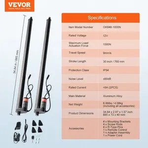 VEVOR 2PCS Linear Actuator Kit, 30 Inch High Speed 0.35/s Linear Motion Actuator 12V, 220lbs/1000N Linear Actuator for TV/Table/Sofa Lifting, IP54 Protection - Wireless Remote Control Included