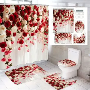 1/4pcs Valentine's Day Romantic Red White Rose Floral Shower Curtain Set with Matching Floor Mats & Toilet Seat Cover - Bathroom Decor for Home Decor, Semi-Transparent White Background, Includes Hooks, Bathroom Decoration Accessories