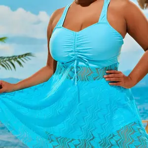 Women's Plus Size Swim Dress - Modest Lace Crochet Tankini Set with Tummy Control, Ruched Drawstring Swim Skirt, Bathing Suits for Women, Plus Sized Bathing Suits, Beach Outfits for Pool Parties