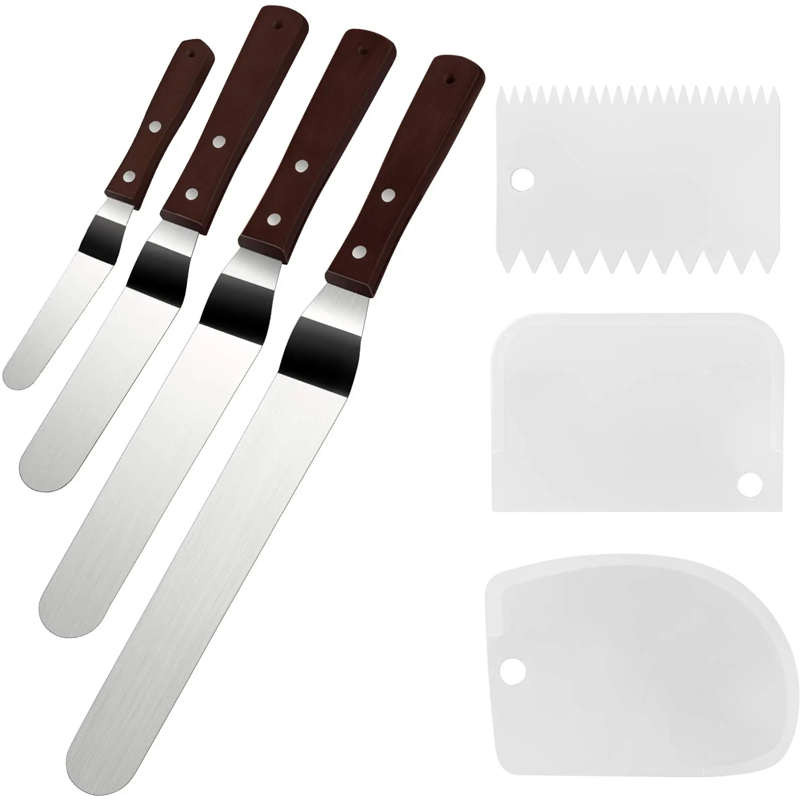 4 Pack Offset Spatula,Stainless Steel Cake Icing Spatula Set,4/6/8/10 inch with Wooden Handle and 3 Pcs Cake Smoother Scraper for Cake Decorating,Baking (Angled),Christmas Party Gifts,Hand Tools Kits