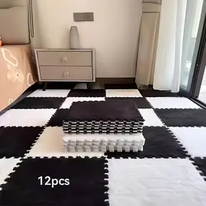12 pieces of thickened plush bedroom, living room, bedroom bedside carpets, floor mats, cloakroom tatami, bay window, cuttable, dirt-resistant, fully covered for rental house renovation (Model: DM520)