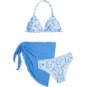 Girl's Floral Halter Triangle Bikini Set with Wrap Skirts Summer Beachwear