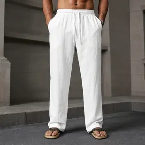 Men's Linen Vintage Minimalist Slimline Mid-Rise All-Cotton Chino Pants - Breathable Plain Color 4-Season Slim Straight-Leg Trousers with Belt, for Golf & Outdoor Activities
