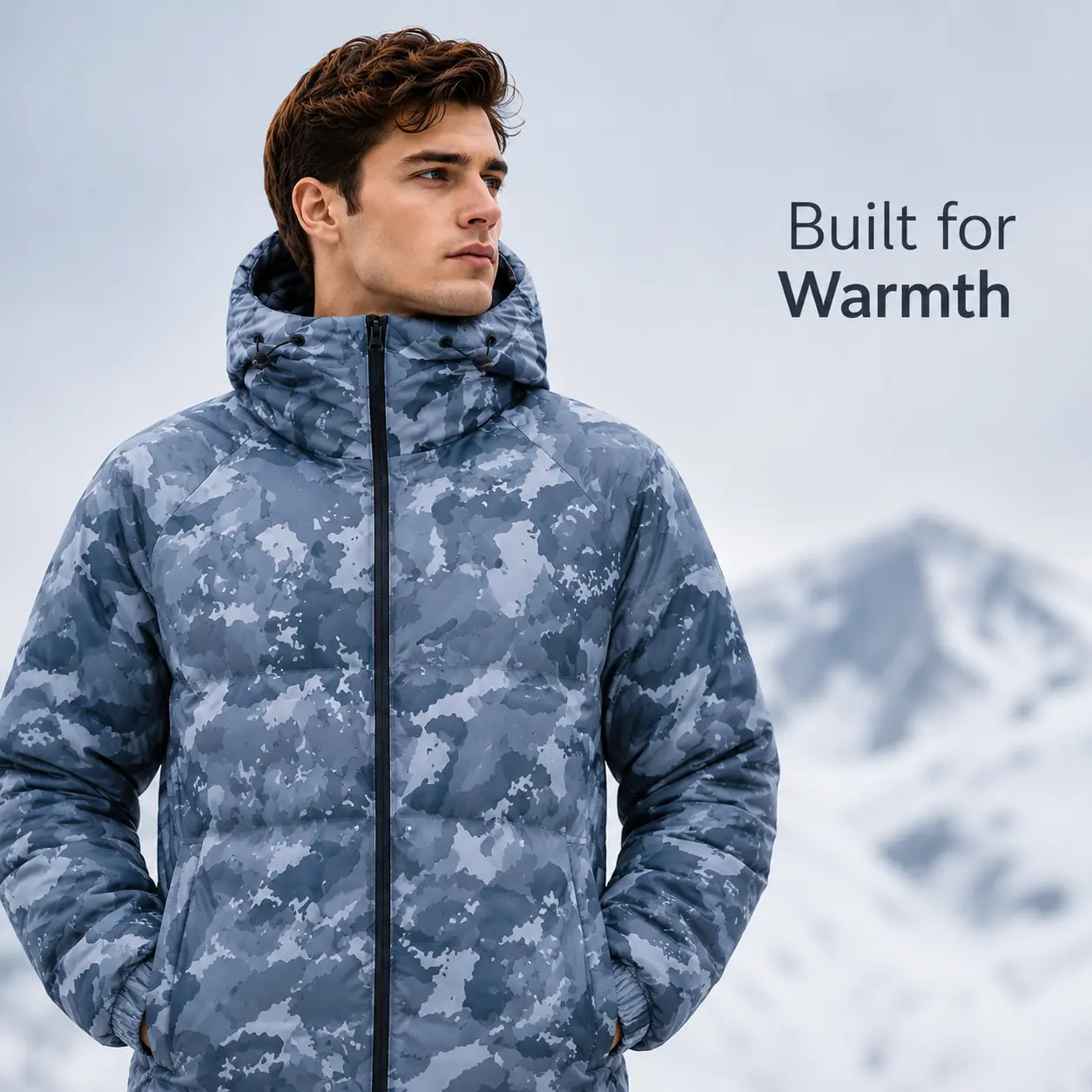 Men's Gray Camo Hooded Puffer Jacket, Warm Padded Full Zip Winter Coat with Adjustable Drawstring Hood & Side Pockets, Casual Camouflage Outdoor Streetwear Jacket for Travel, Hiking, Camping, Commute, Cold Weather Everyday Wear