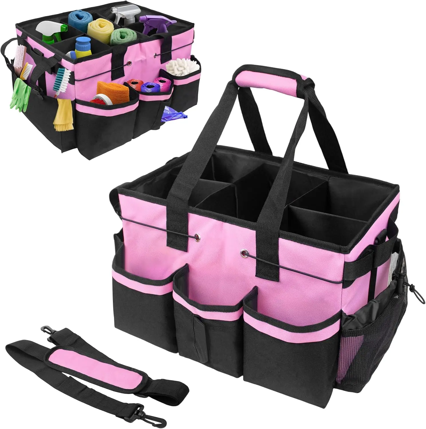 pink cleaning bag features a sturdy built-in support panel adjustable shoulder straps and multiple compartments It's suitable for cleaners and housekeepers