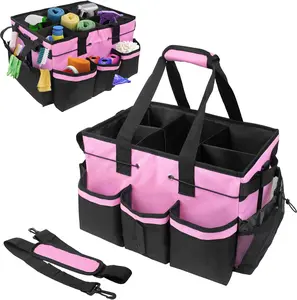 pink cleaning bag features a sturdy built-in support panel adjustable shoulder straps and multiple compartments It's suitable for cleaners and housekeepers