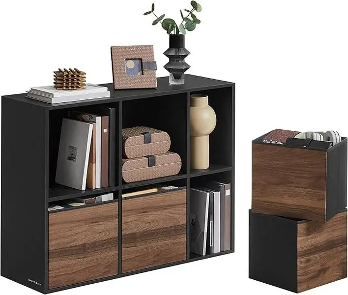 SONGMICS HOME Superfast Toolless Assembly, Bookshelf, Cube Storage Organizer, Shelving Unit, 6 Compartments, 4 Fabric Drawers, 10.6 x 32.7 x 24.3 Inches