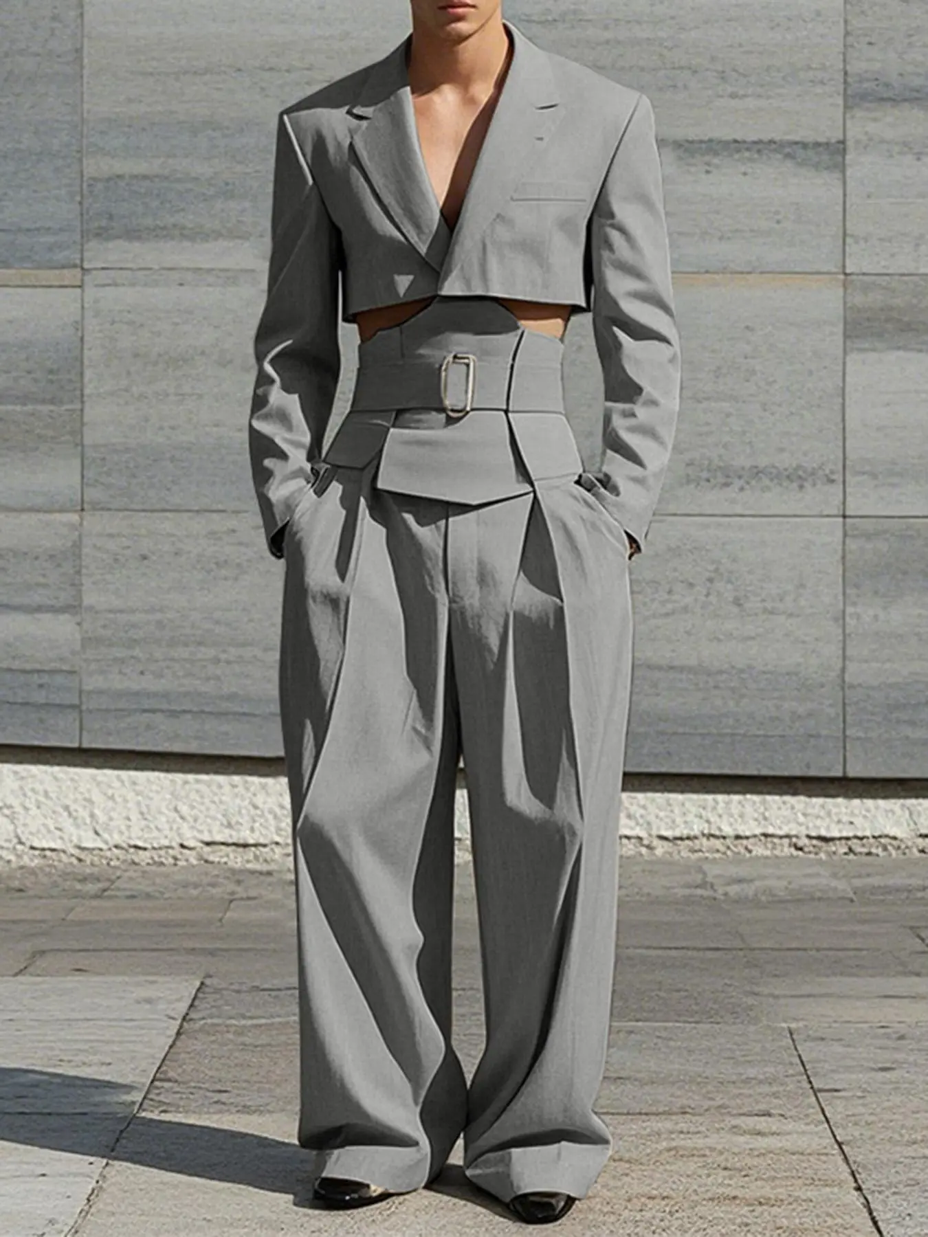 Men's Solid Cropped Waistband Design Suit & Wide Leg Pant Sets, Loose Casual Lapel Long Sleeve Blazer & Trousers for All Season, Fashion Men's Two Pieces Outfit for Daily Wear, Menswear, Clothes, Casual Pants Set, Casual Clothing Set